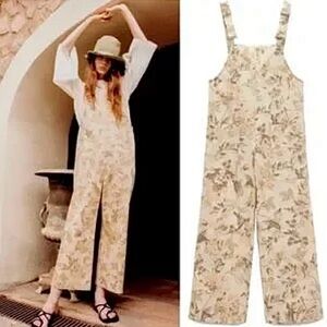 Zara Boho Floral Cream Vintage Spring Overalls Size Medium